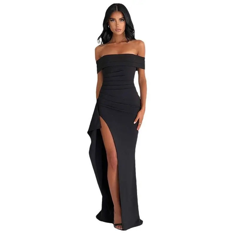 Off Shoulder Slit Party Dress | High Waist A-Line Maxi