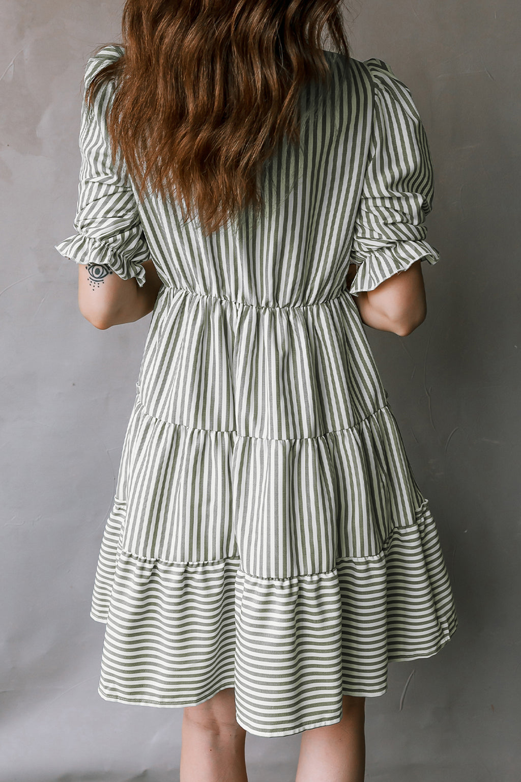 Green Stripe Tasseled Tie Neck Ruffled Short Sleeve Mini Dress