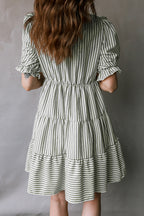 Green Stripe Tasseled Tie Neck Ruffled Short Sleeve Mini Dress