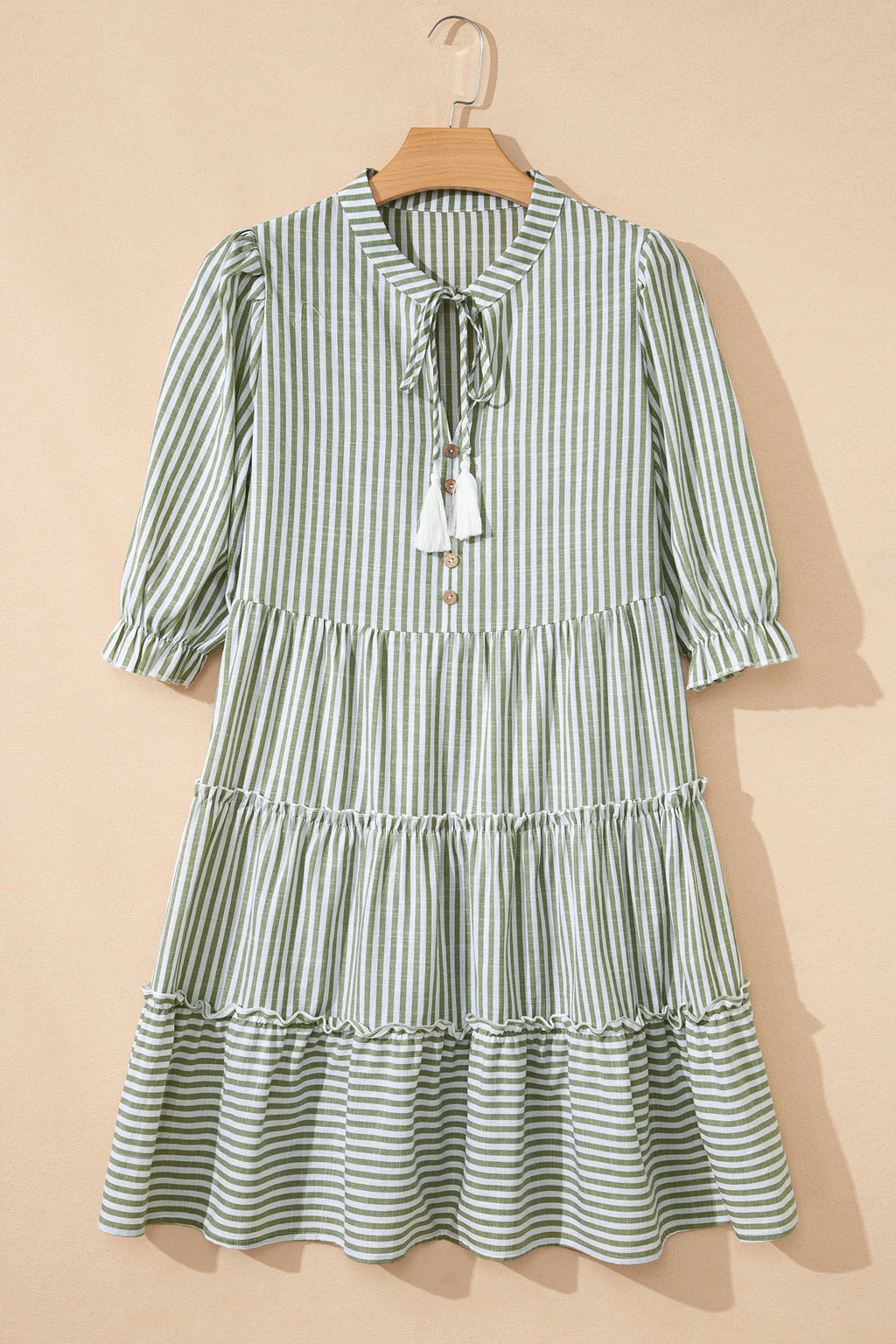 Green Stripe Tasseled Tie Neck Ruffled Short Sleeve Mini Dress