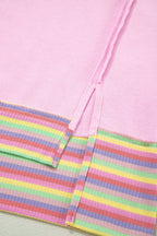 Pink Rainbow Stripe Ribbed Patchwork Raw Seam Oversize Polo Tee