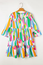 Green Abstract Print Ruffled Sleeve V Neck Dress