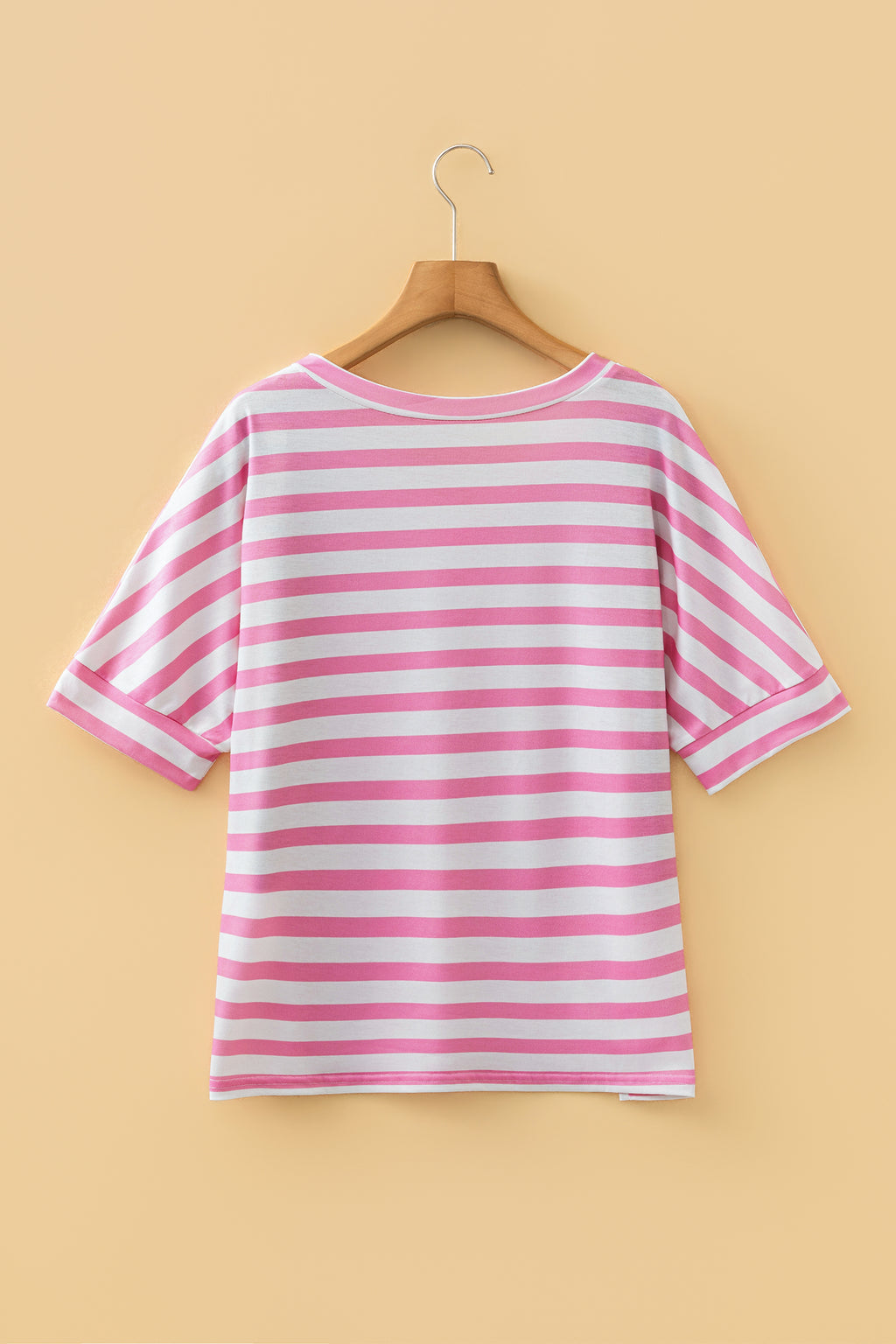Pink Stripe V Neck Patched Pocket Casual Tee