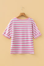 Pink Stripe V Neck Patched Pocket Casual Tee