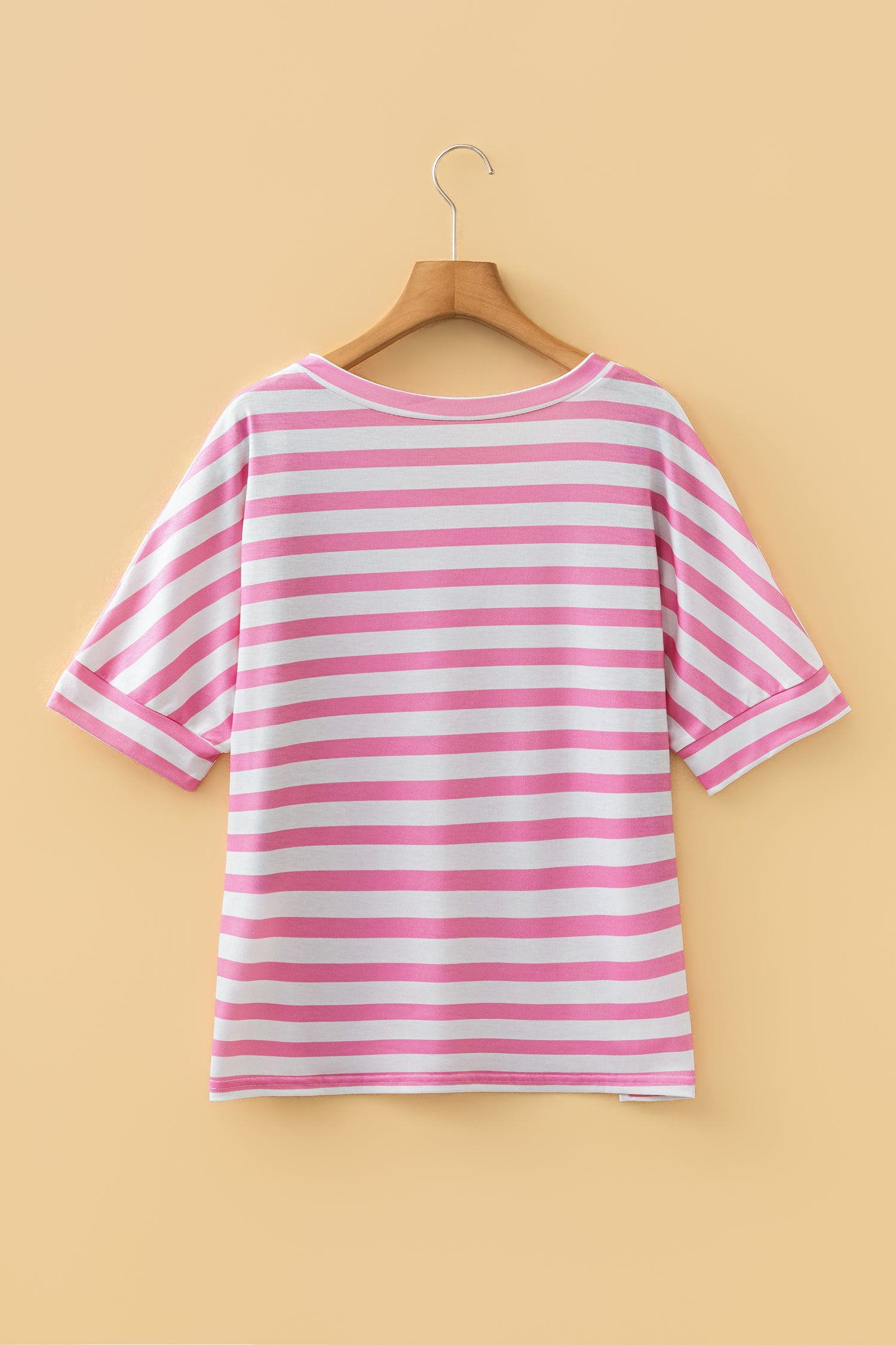 Pink Stripe V Neck Patched Pocket Casual Tee