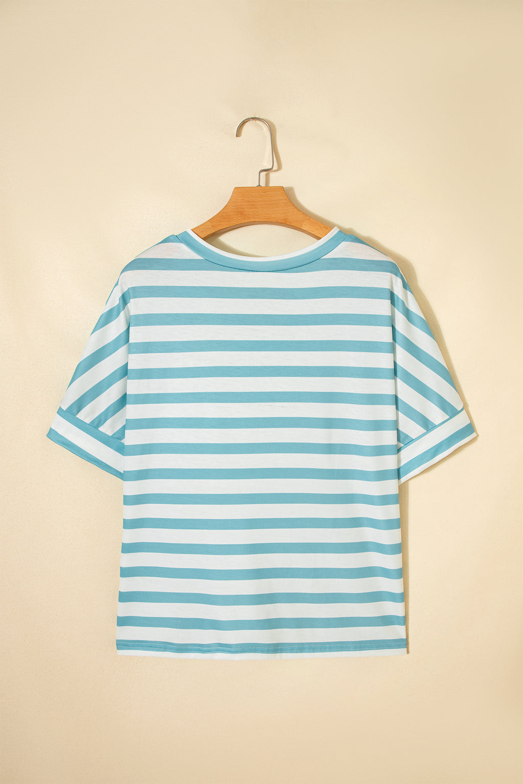 Sky Blue Stripe V Neck Patched Pocket Casual Tee