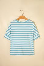 Sky Blue Stripe V Neck Patched Pocket Casual Tee