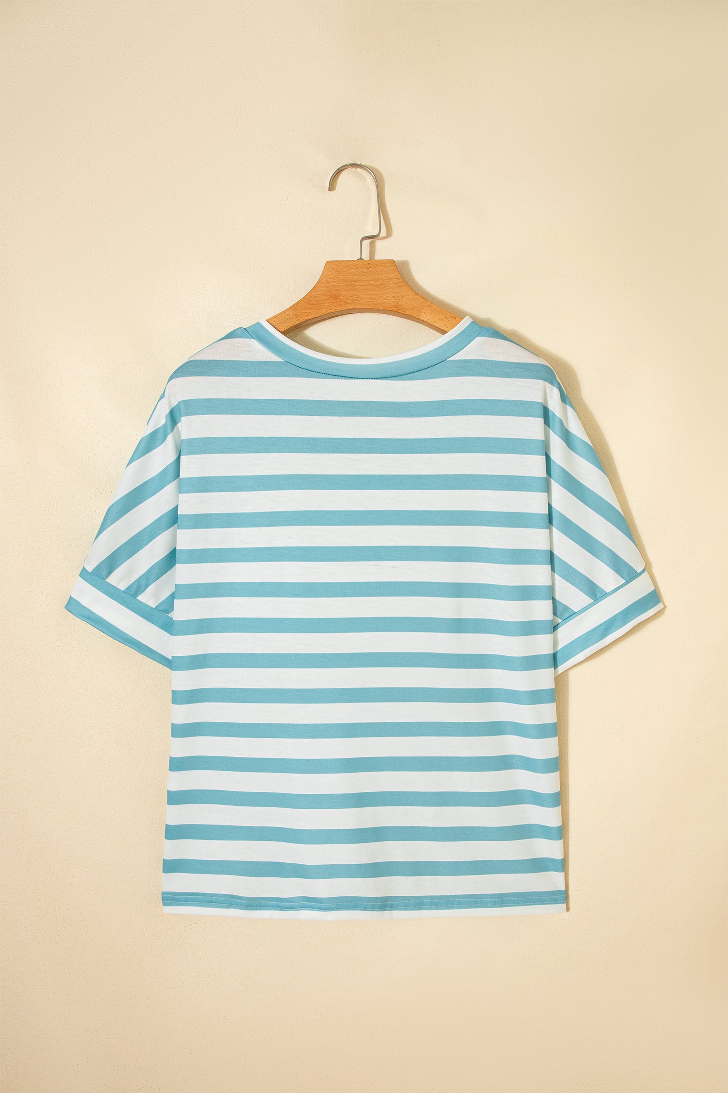 Sky Blue Stripe V Neck Patched Pocket Casual Tee