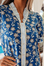 Blue Striped Trim Half Buttons Short Sleeve Floral Dress