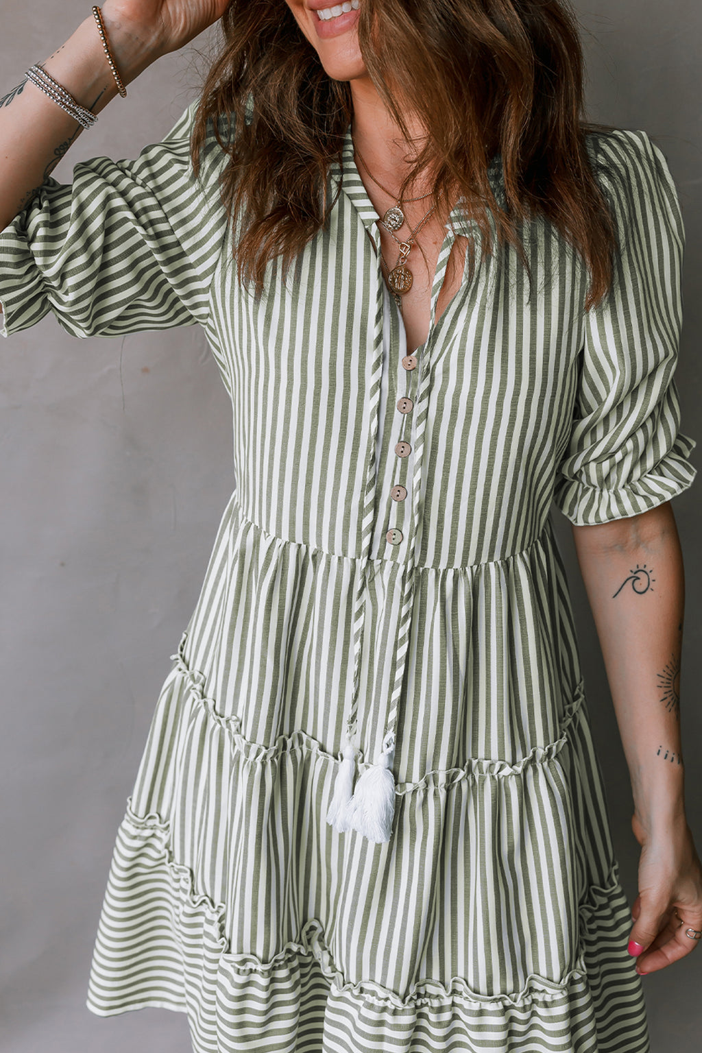 Green Stripe Tasseled Tie Neck Ruffled Short Sleeve Mini Dress