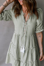 Green Stripe Tasseled Tie Neck Ruffled Short Sleeve Mini Dress