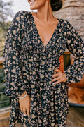 Black Floral Deep V Neck Smocked Bust Bubble Sleeve Babydoll Dress