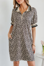 Khaki Leopard Print Zip Neck Striped Webbing Patchwork T Shirt Mini Dress