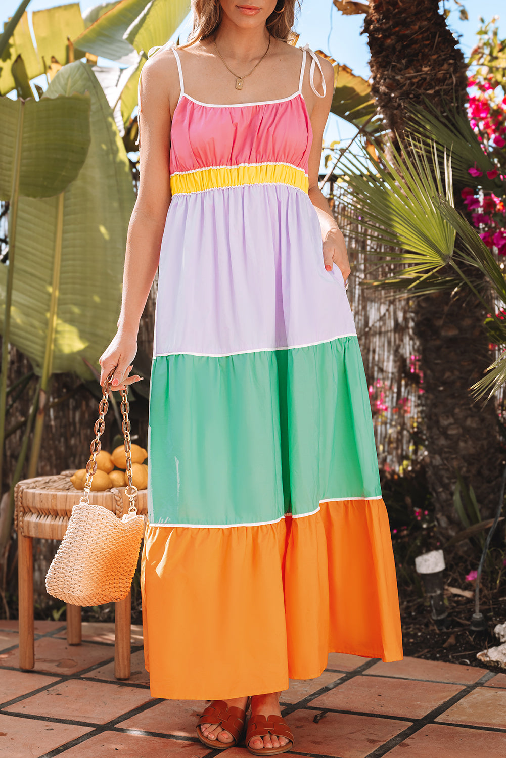 Colorblock Self-tie Straps High Waist Maxi Dress with Pockets