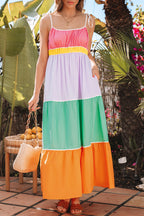 Colorblock Self-tie Straps High Waist Maxi Dress with Pockets