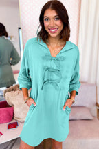 Bow Front Bracelet Sleeve Collared Pocketed Mini Dress
