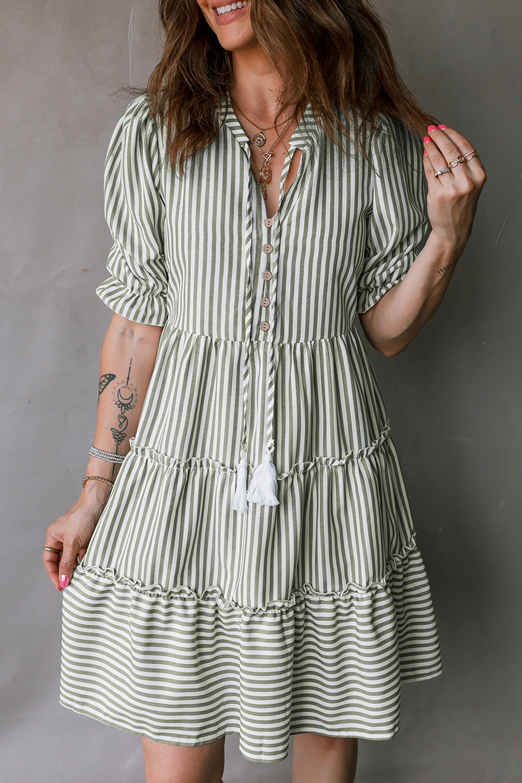 Green Stripe Tasseled Tie Neck Ruffled Short Sleeve Mini Dress