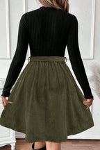 Ribbed Knit Bodice Contrast Flared Belted Midi Dress