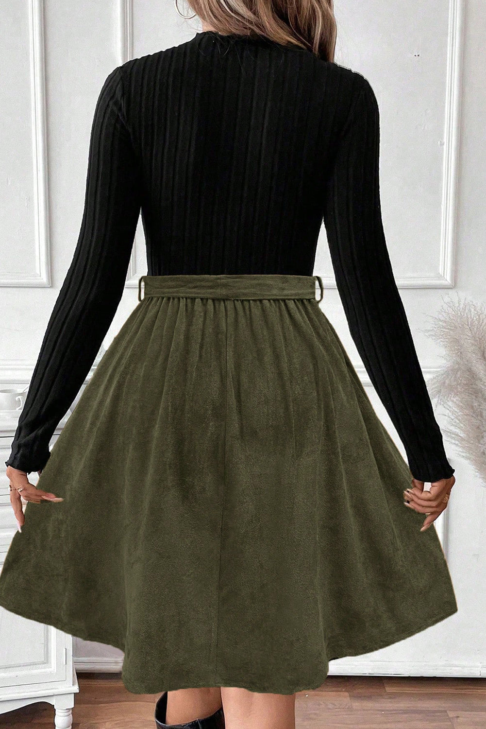 Ribbed Knit Bodice Contrast Flared Belted Midi Dress