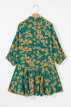 Green Floral Print Drawstring Tunic Flowy Mini Dress