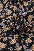 Black Floral Deep V Neck Smocked Bust Bubble Sleeve Babydoll Dress