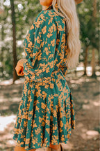 Green Floral Print Drawstring Tunic Flowy Mini Dress