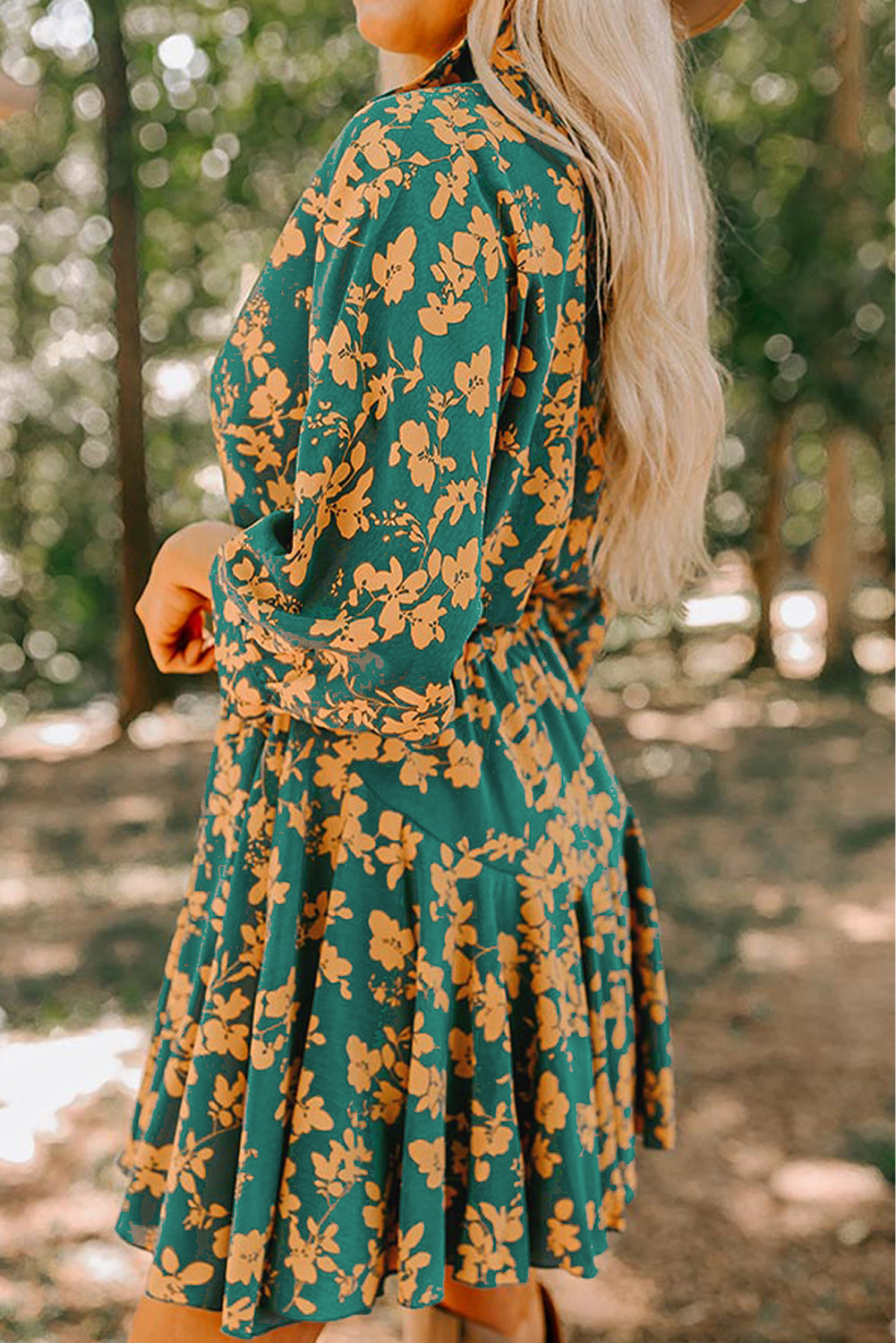Green Floral Print Drawstring Tunic Flowy Mini Dress
