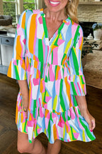Green Abstract Print Ruffled Sleeve V Neck Dress