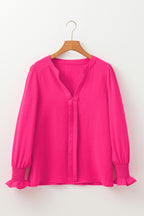Rose Red Solid Color Shirred Cuff Notch V Neck Blouse