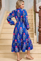 Blue Floral Print Striped Trim Split Neck Long Sleeve Ruffle Hem Midi Dress