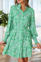 Green Paisley Print Long Sleeve Button Front Tied Waist Mini Dress