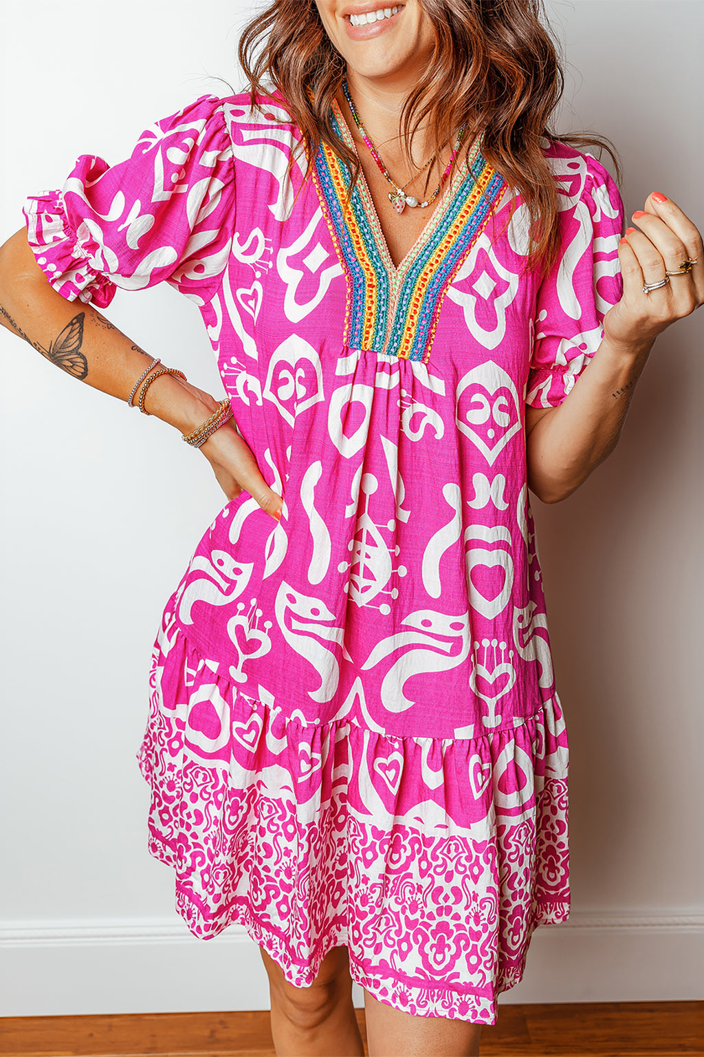 Rose Boho Mixed Print Contrast Trim V Neck Short Sleeve Flared Dress