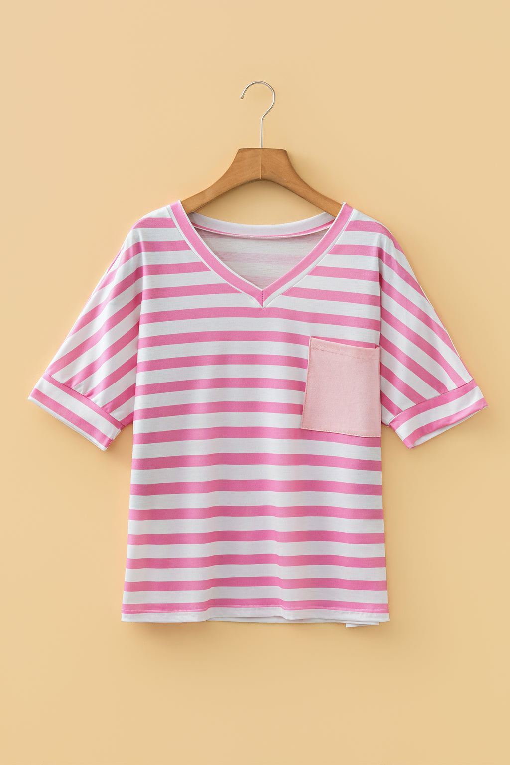 Pink Stripe V Neck Patched Pocket Casual Tee