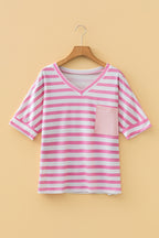 Pink Stripe V Neck Patched Pocket Casual Tee