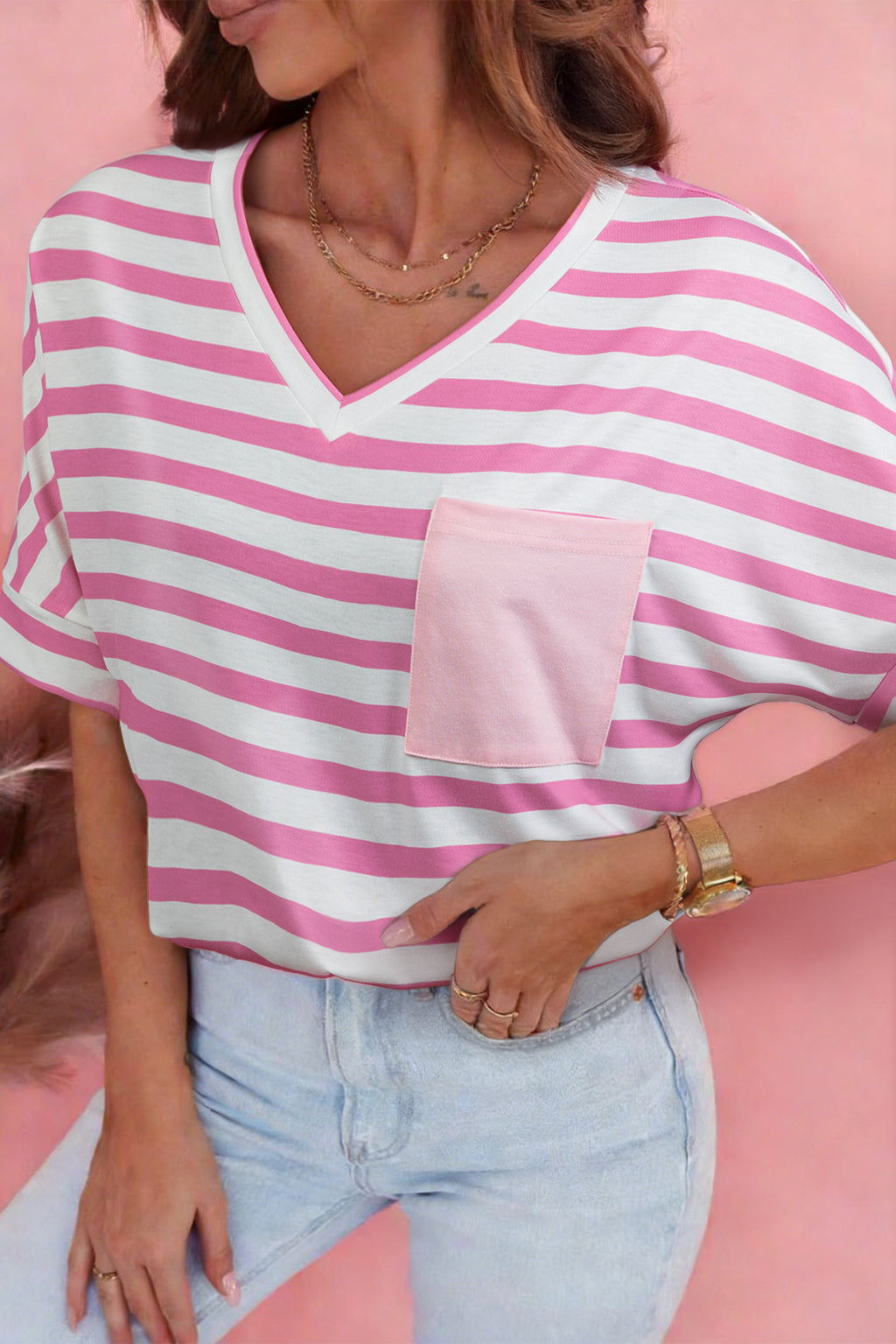 Pink Stripe V Neck Patched Pocket Casual Tee