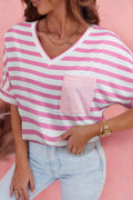 Pink Stripe V Neck Patched Pocket Casual Tee