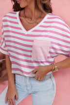 Pink Stripe V Neck Patched Pocket Casual Tee