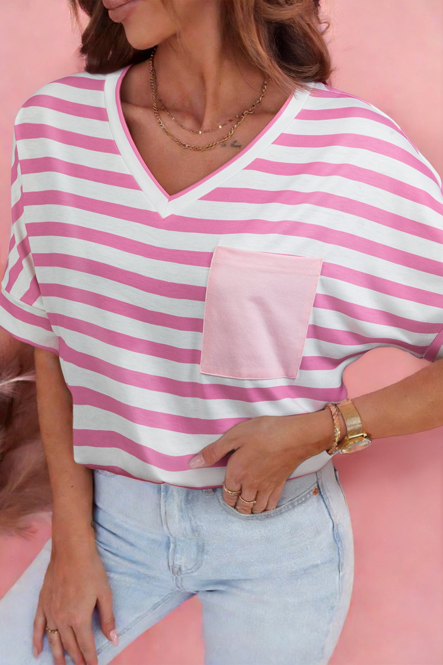 Pink Stripe V Neck Patched Pocket Casual Tee
