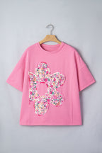 Bright Pink Floral Patched Raw Seam Big Flower Oversize Tee