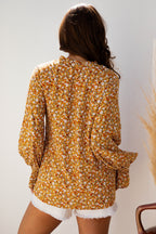 Orange Boho Floral Ruffled Bubble Sleeve V Neck Fall Blouse