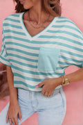 Sky Blue Stripe V Neck Patched Pocket Casual Tee