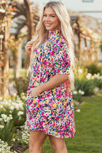 Pink Floral Puff Short Sleeve V Neck Mini Dress