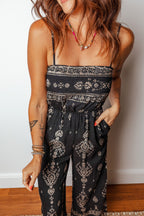 Black Spaghetti Straps Elastic Waist Loose Ethnic Print Jumpsuit