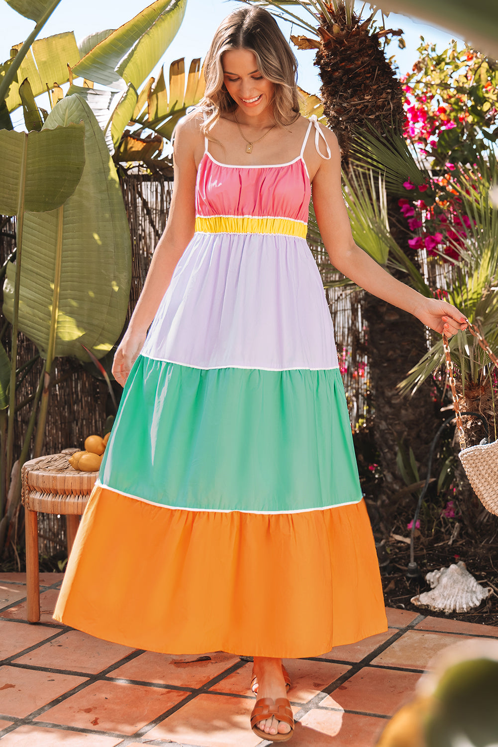 Colorblock Self-tie Straps High Waist Maxi Dress with Pockets