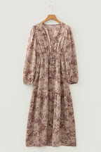 Brown Floral Print Smocked High Waist Long Sleeve Maxi Dress