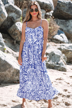 Sky Blue Floral Print Spaghetti Strap High Waist Maxi Dress