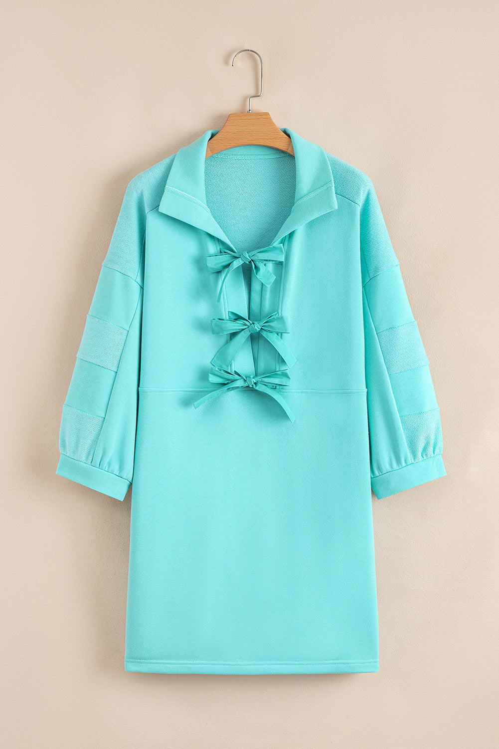 Bow Front Bracelet Sleeve Collared Pocketed Mini Dress