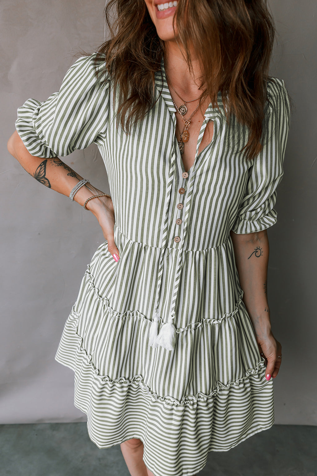 Green Stripe Tasseled Tie Neck Ruffled Short Sleeve Mini Dress