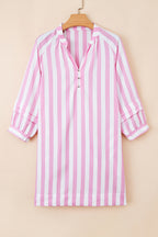 Rose Stripe Bracelet Sleeve Buttons Loose Mini Dress