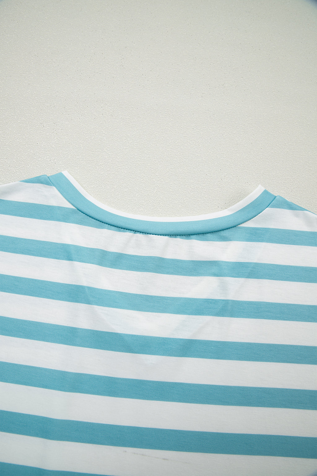 Sky Blue Stripe V Neck Patched Pocket Casual Tee